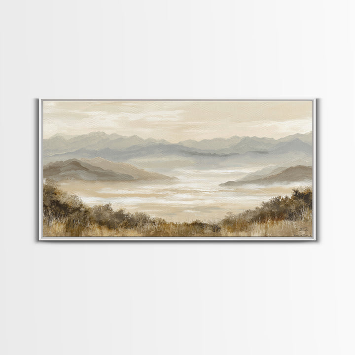 Panoramic Misty Mountain Landscape Framed Canvas Print, Above Bed Art, Mid Century Modern, Bedroom Decor, Oil Painting, ABA-2x1-45