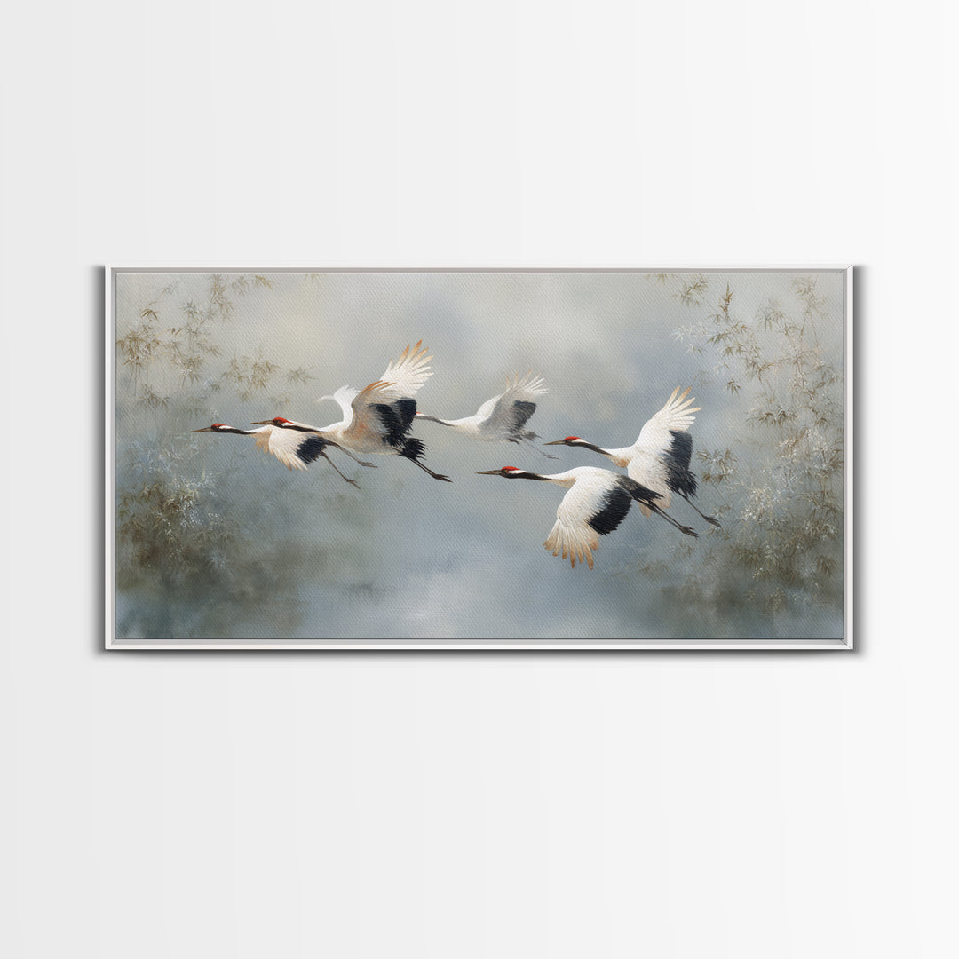 Ethereal Cranes Flying Through Pale Morning Mist Canvas Print, Above Bed Art, Digital Prints, Bedroom Decor, Serenity, ABA-2x1-5