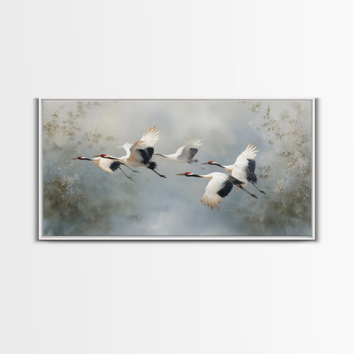 Ethereal Cranes Flying Through Pale Morning Mist Canvas Print, Above Bed Art, Digital Prints, Bedroom Decor, Serenity, ABA-2x1-5