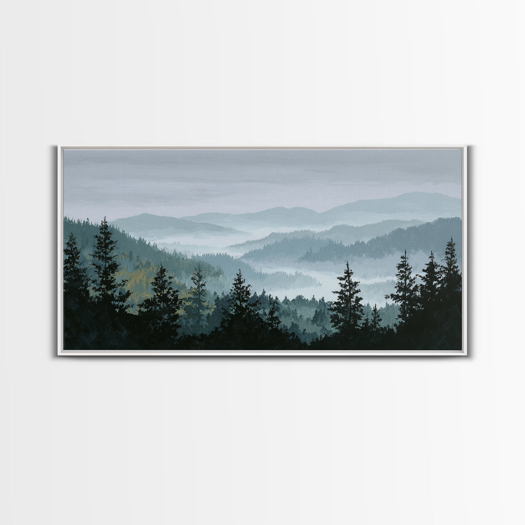 Quiet Forest Ridge Softened by Fog Canvas Print, Above Bed Art, Wall Art, Bedroom Decor, Fine Art, Serenity, Digital Print, ABA-2x1-58