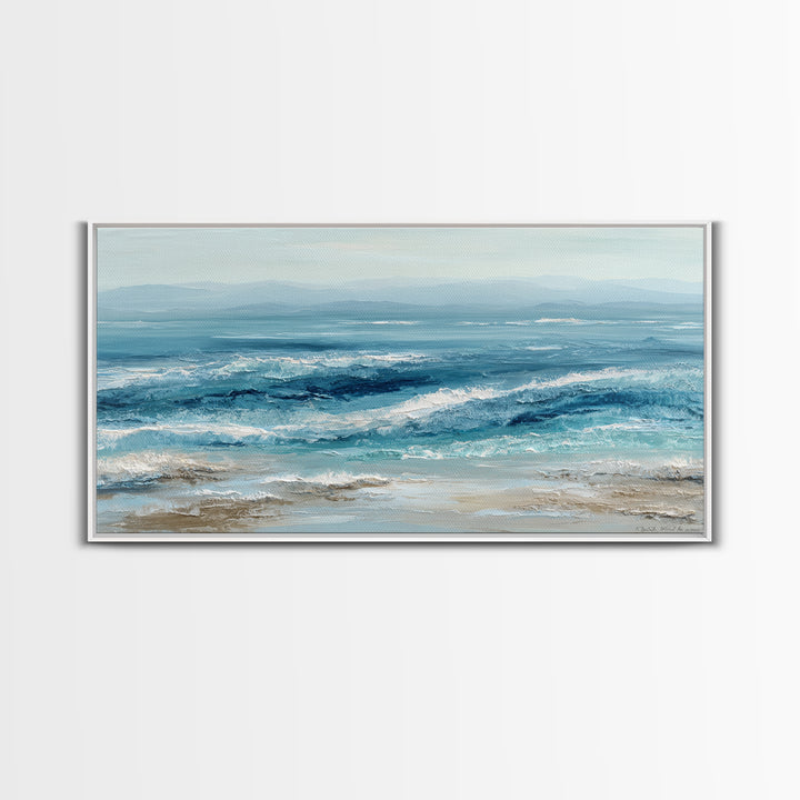 Serene Ocean Tide Seen from Above Framed Canvas Print, Above Bed Art, Wall Art Prints, Bedroom Decor, Fine Art, Serenity, ABA-2x1-65
