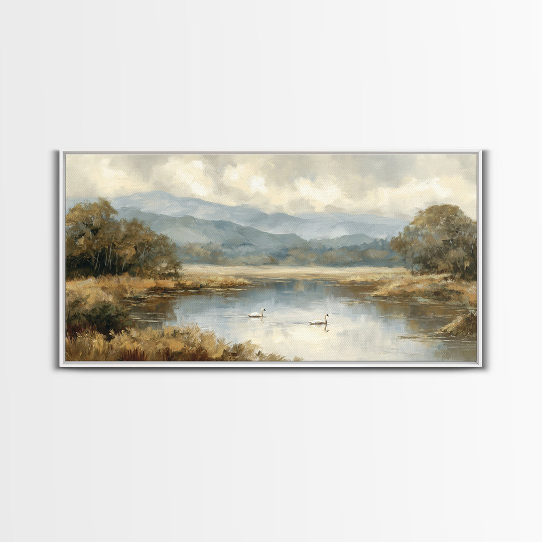 Paired Swans in a Dreamy Painterly Lake Canvas Print, Above Bed Art, Textured Painting, Bedroom Decor, Watercolor Art, Serenity, ABA-2x1-66