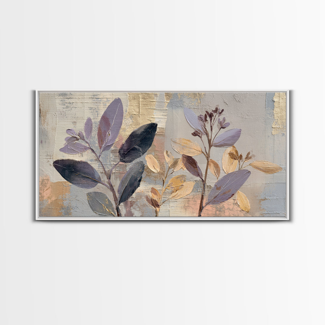 Tonal Botanical Shadows on Plaster Surface Framed Canvas Print, Above Bed Art, 3 Piece Wall Art, Bedroom Decor, Serenity, ABA-2x1-67