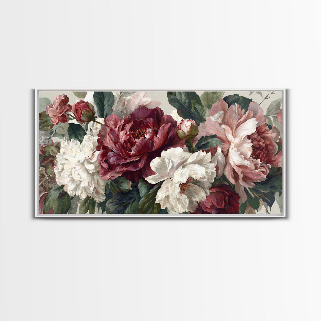 Romantic Oversized Peony Bloom on Warm Linen Canvas Print, Above Bed Art, Digital Art, Bedroom Decor, Fine Art, Serenity, ABA-2x1-70