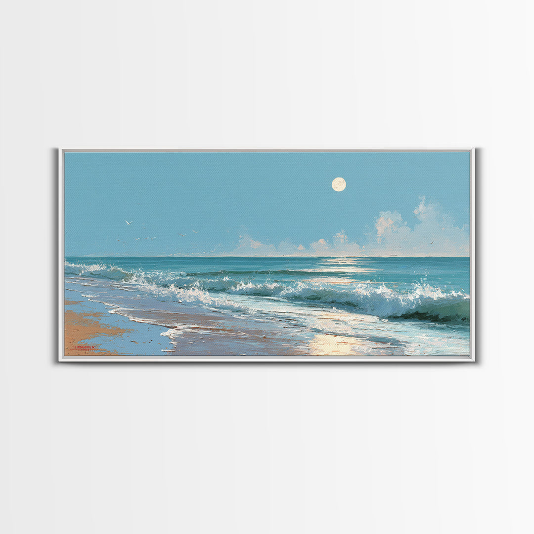 Quiet Moon over a Calm Ocean Horizon Canvas Print, Above Bed Art, Boho Decor, Bedroom Decor, Serenity, Statement Artwork, ABA-2x1-71