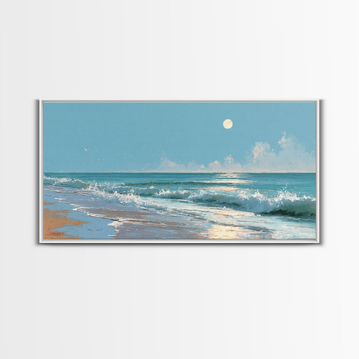 Quiet Moon over a Calm Ocean Horizon Canvas Print, Above Bed Art, Boho Decor, Bedroom Decor, Serenity, Statement Artwork, ABA-2x1-71