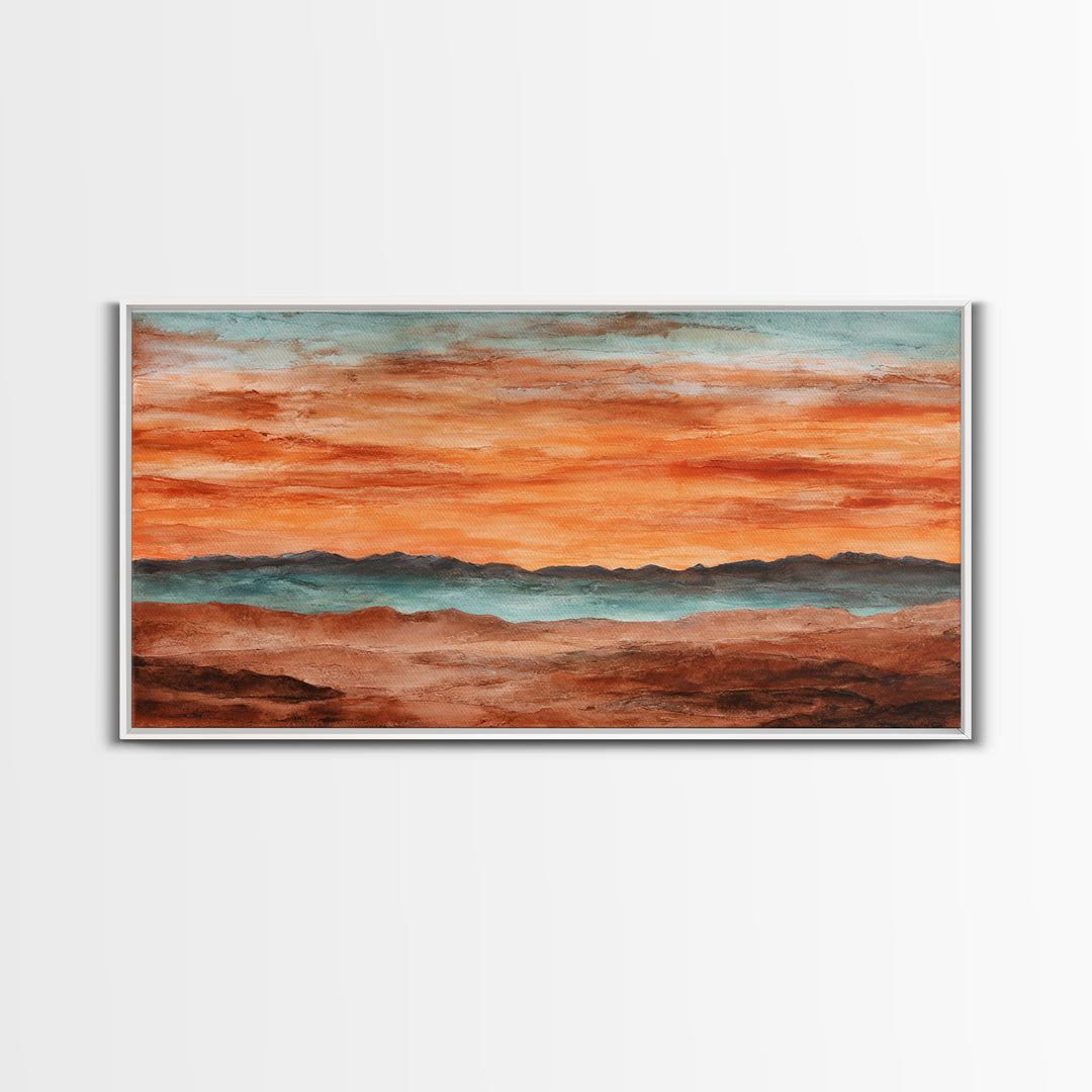 Dreamy Desert Sunset Framed Canvas Print, Above Bed Art, Statement Artwork, Bedroom Decor, Fine Art, Serenity, ABA-2x1-75