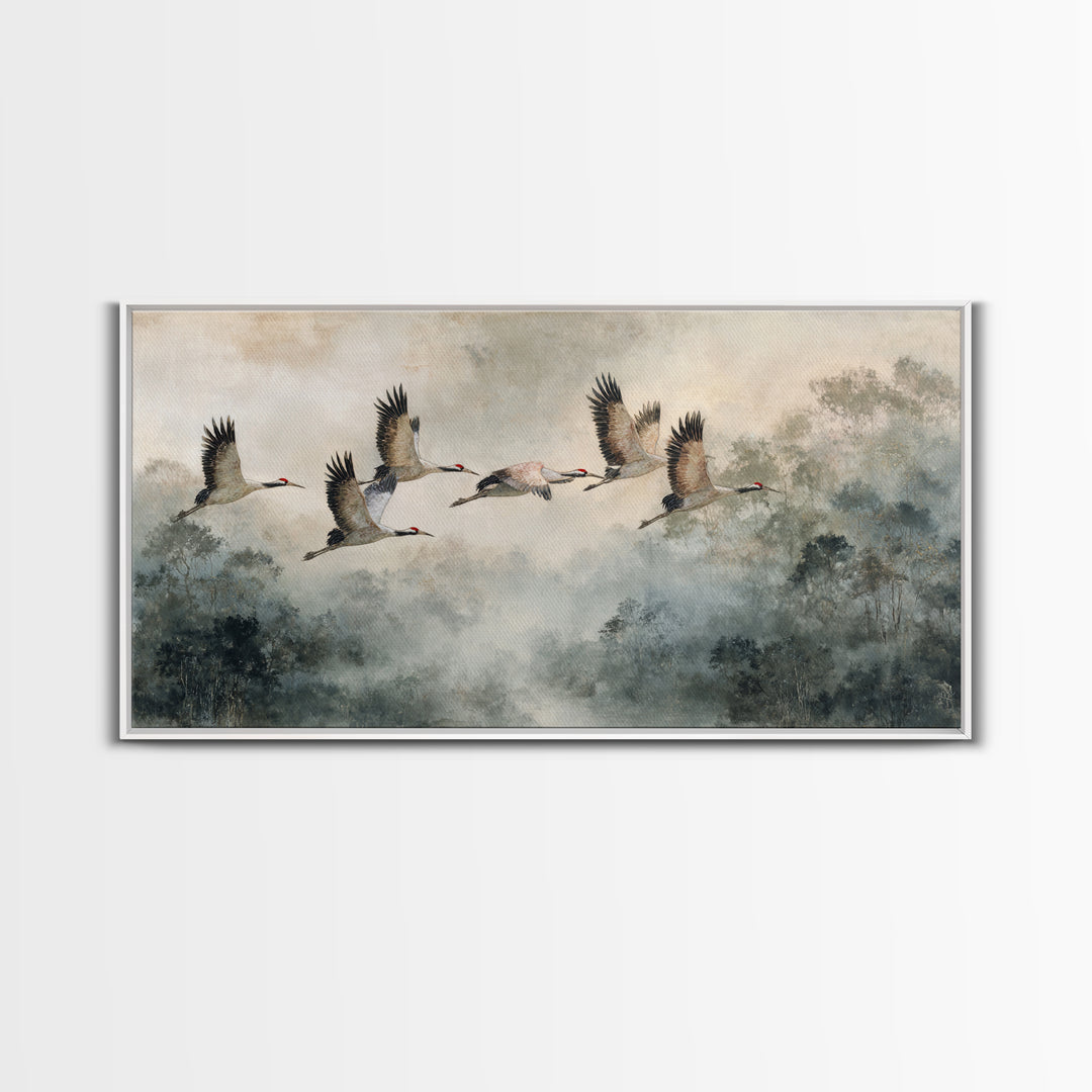 Ethereal Cranes Flying Through Pale Morning Mist Canvas Print, Above Bed Art, Bedroom Decor, Oil Painting, Serenity, ABA-2x1-77