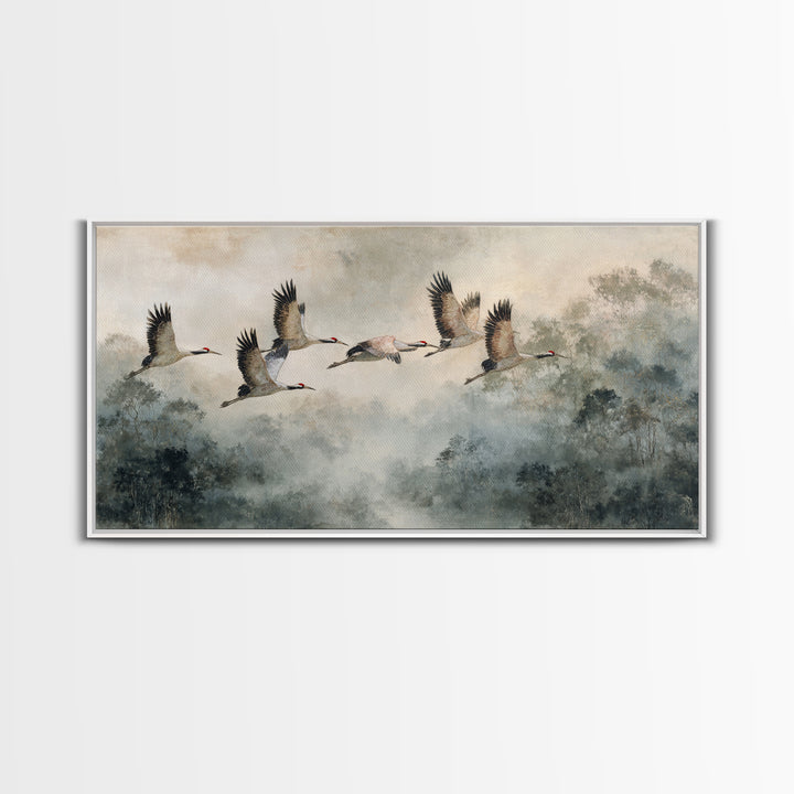 Ethereal Cranes Flying Through Pale Morning Mist Canvas Print, Above Bed Art, Bedroom Decor, Oil Painting, Serenity, ABA-2x1-77