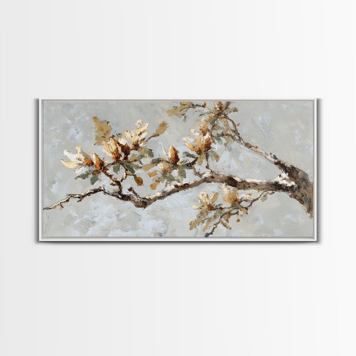 Delicate Magnolia Branch on Cream Background Framed Canvas Print, Above Bed Art, Boho Wall Art, Bedroom Decor, Watercolor Art, ABA-2x1-84