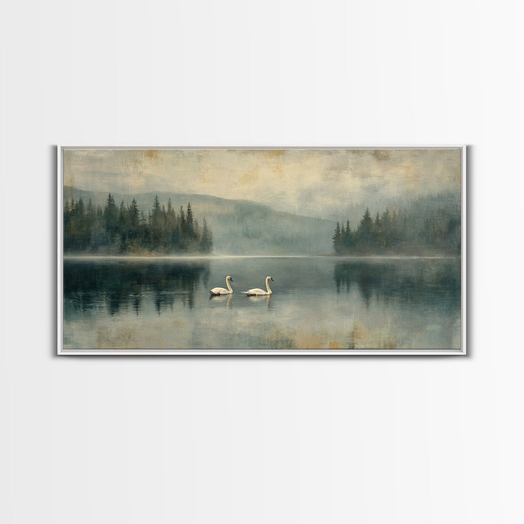 Paired Swans in a Dreamy Painterly Lake Framed Canvas Print, Above Bed Art, Digital Prints, Bedroom Decor, Fine Art, Serenity, ABA-2x1-90