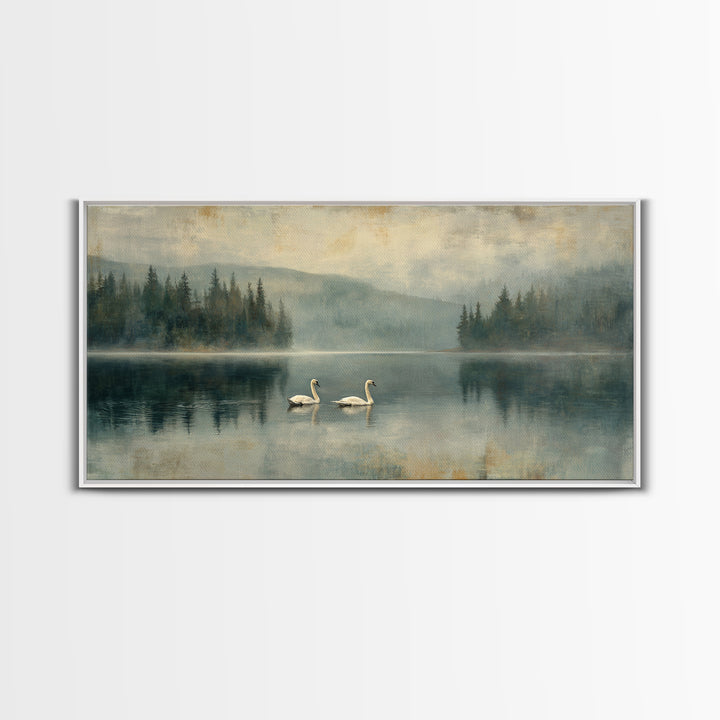 Paired Swans in a Dreamy Painterly Lake Framed Canvas Print, Above Bed Art, Digital Prints, Bedroom Decor, Fine Art, Serenity, ABA-2x1-90