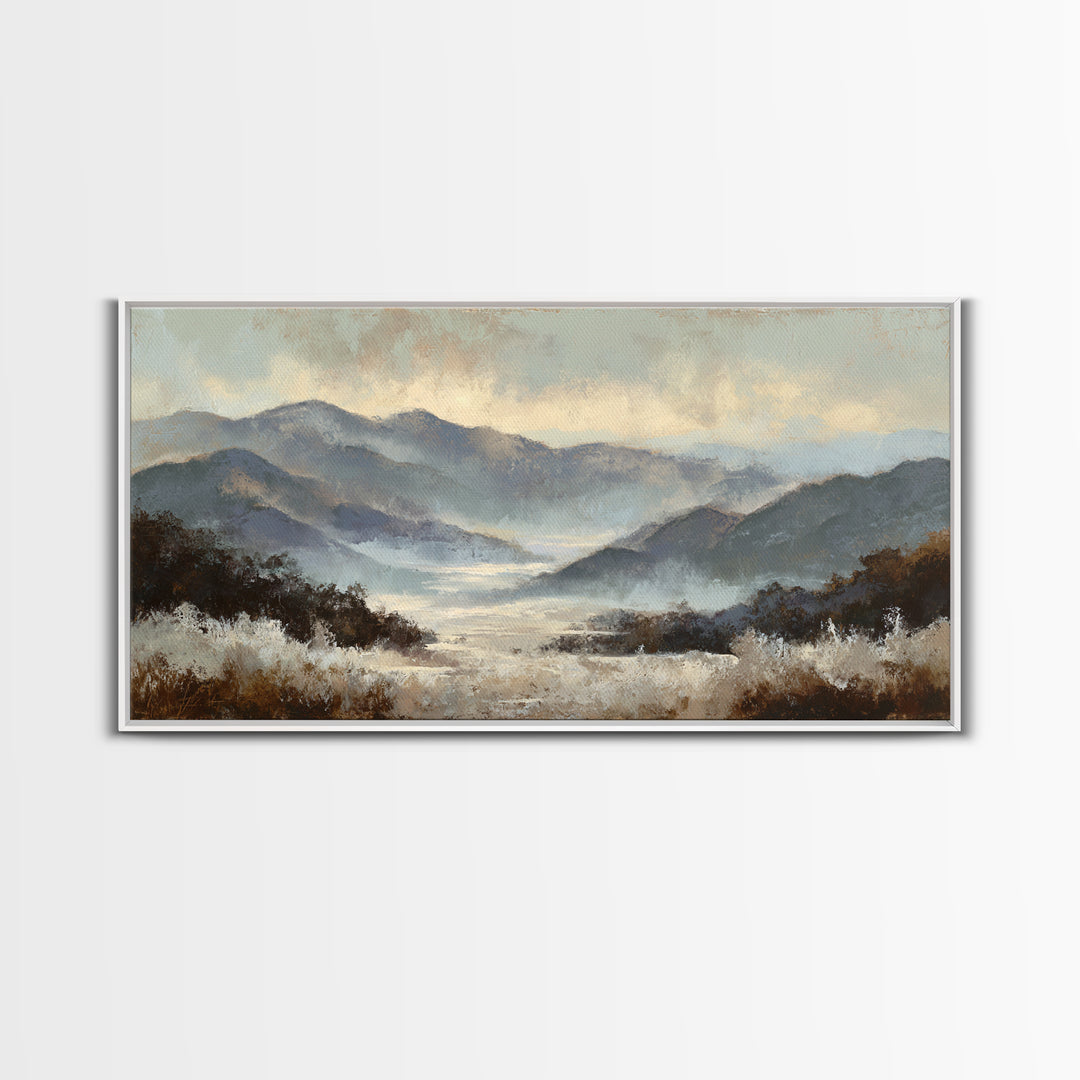 Panoramic Misty Mountain Landscape Canvas Print, Above Bed Art, Textured Wall Art, Bedroom Decor, Fine Art, Serenity, ABA-2x1-93