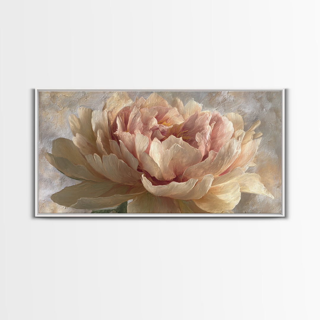 Romantic Oversized Peony Bloom on Warm Linen Canvas Print, Above Bed Art, Digital Art, Bedroom Decor, Fine Art, Serenity, ABA-2x1-94