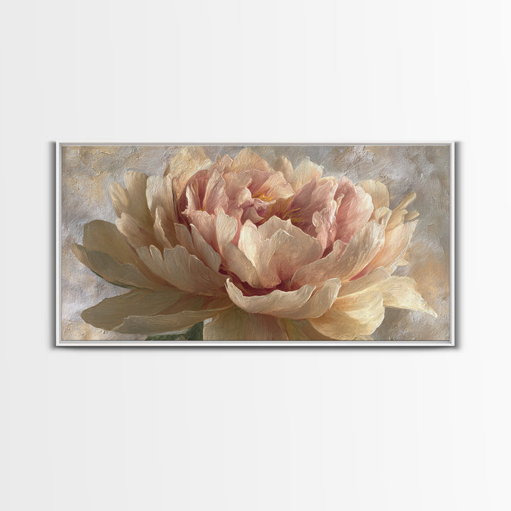 Romantic Oversized Peony Bloom on Warm Linen Canvas Print, Above Bed Art, Digital Art, Bedroom Decor, Fine Art, Serenity, ABA-2x1-94