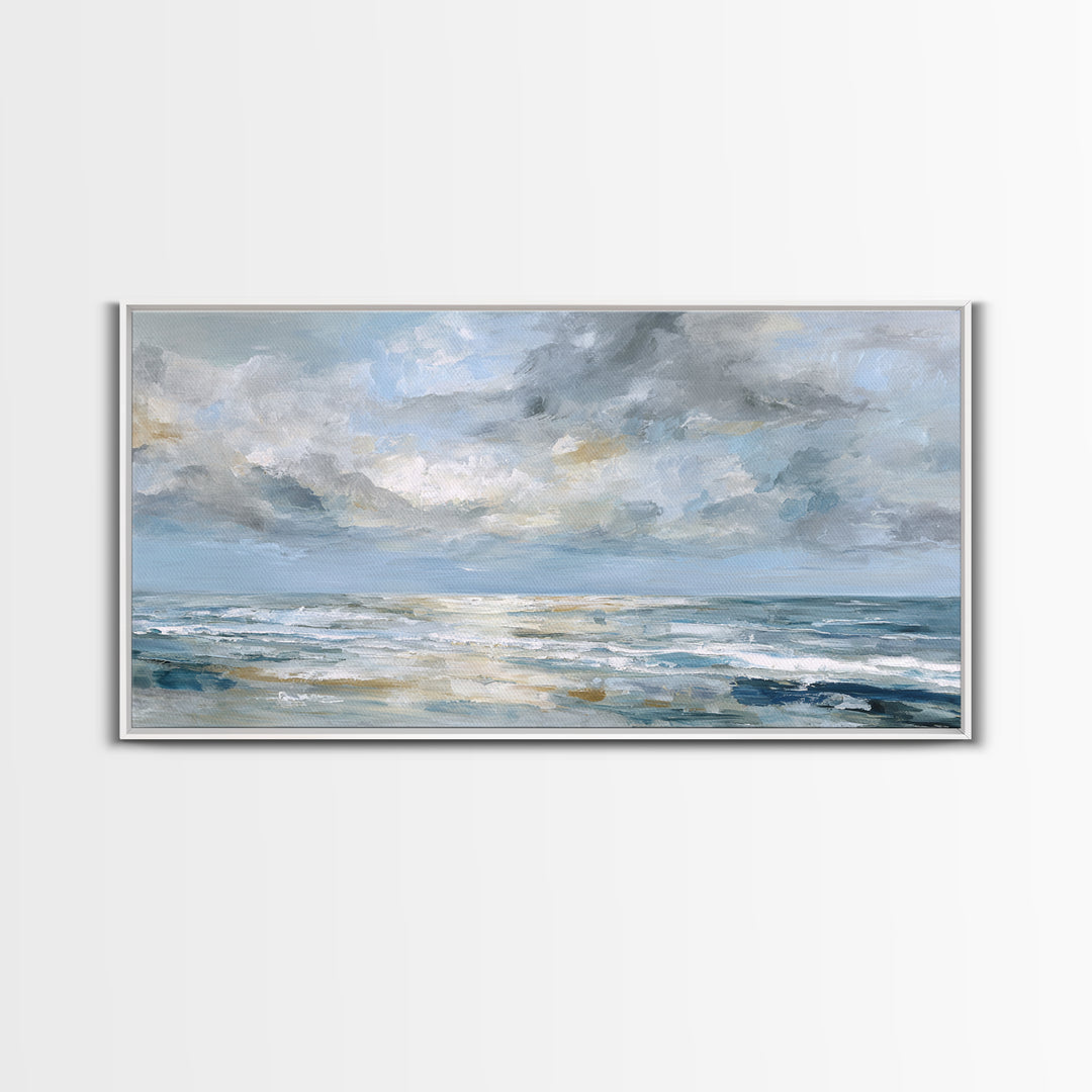 Quiet Moon over a Calm Ocean Horizon Framed Canvas Print, Above Bed Art, Bedroom Wall Decor, Bedroom Decor, Oil Painting, ABA-2x1-95
