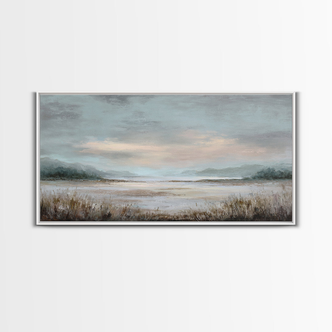 Tranquil Cloudscape with Blush Undertones Framed Canvas Print, Above Bed Art, Digital Print, Bedroom Decor, Fine Art, Serenity, ABA-2x1-97