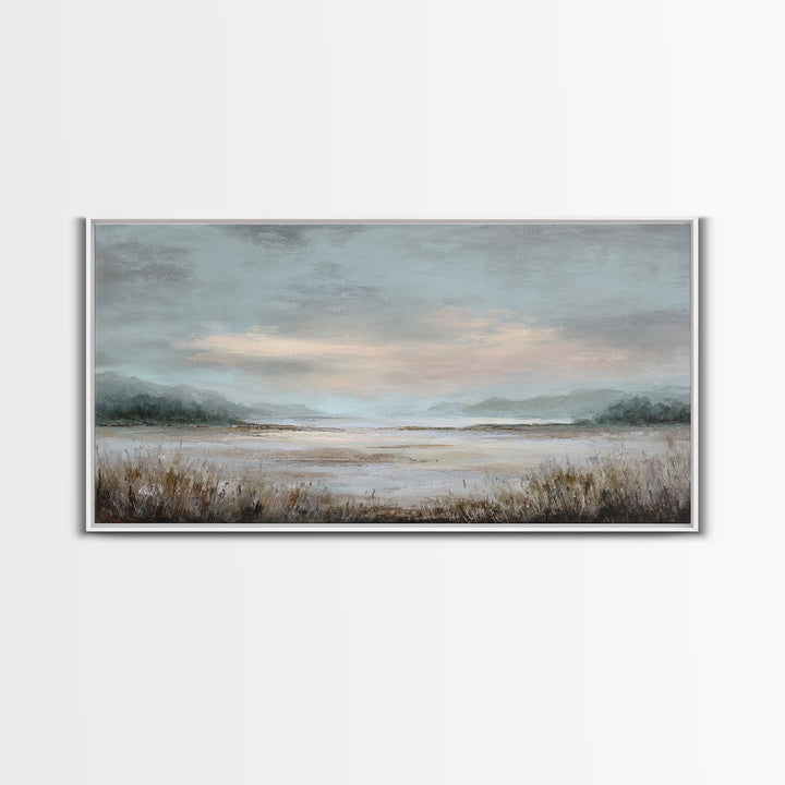 Tranquil Cloudscape with Blush Undertones Framed Canvas Print, Above Bed Art, Digital Print, Bedroom Decor, Fine Art, Serenity, ABA-2x1-97