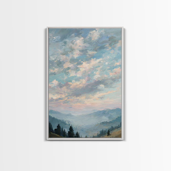 Tranquil Cloudscape with Blush Undertones Framed Canvas Print, Above Bed Art, Digital Art, Bedroom Decor, Fine Art, Serenity, ABA-2x3-13