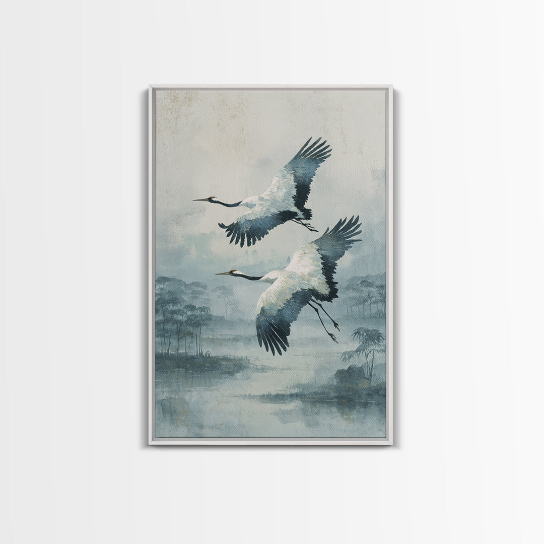 Ethereal Cranes Flying Through Pale Morning Mist Canvas Print, Above Bed Art, Printable Wall Art, Bedroom Decor, Serenity, ABA-2x3-17