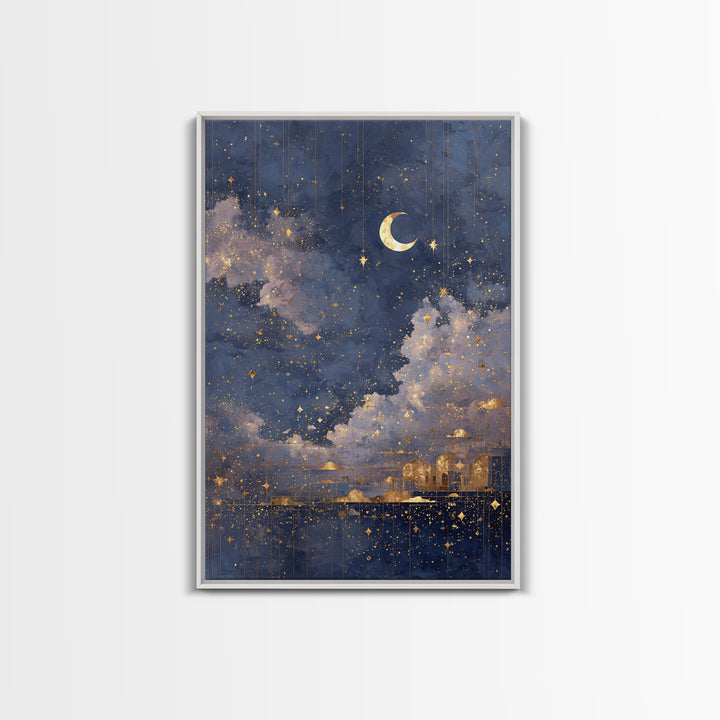Subtle Celestial Scene Framed Canvas Print, Above Bed Art, Bedroom Decor, Oil Painting, Serenity, Textured Wall Art, ABA-2x3-21