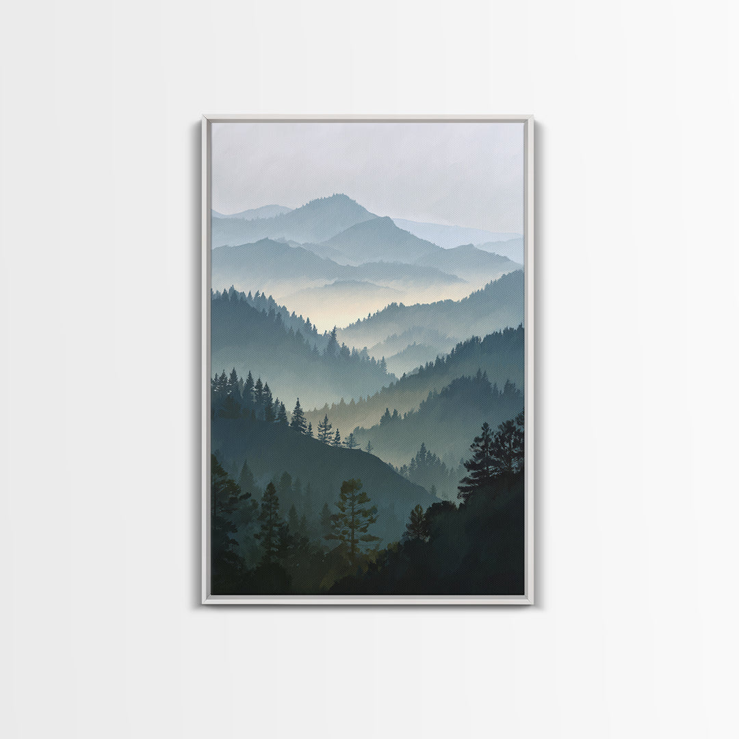 Quiet Forest Ridge Softened by Fog Framed Canvas Print, Above Bed Art, Textured Painting, Bedroom Decor, Fine Art, Serenity, ABA-2x3-22