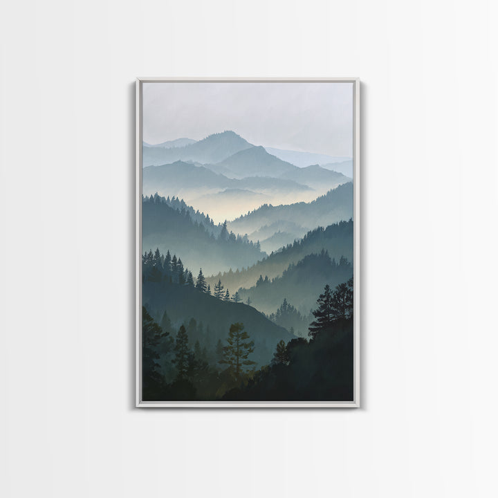 Quiet Forest Ridge Softened by Fog Framed Canvas Print, Above Bed Art, Textured Painting, Bedroom Decor, Fine Art, Serenity, ABA-2x3-22