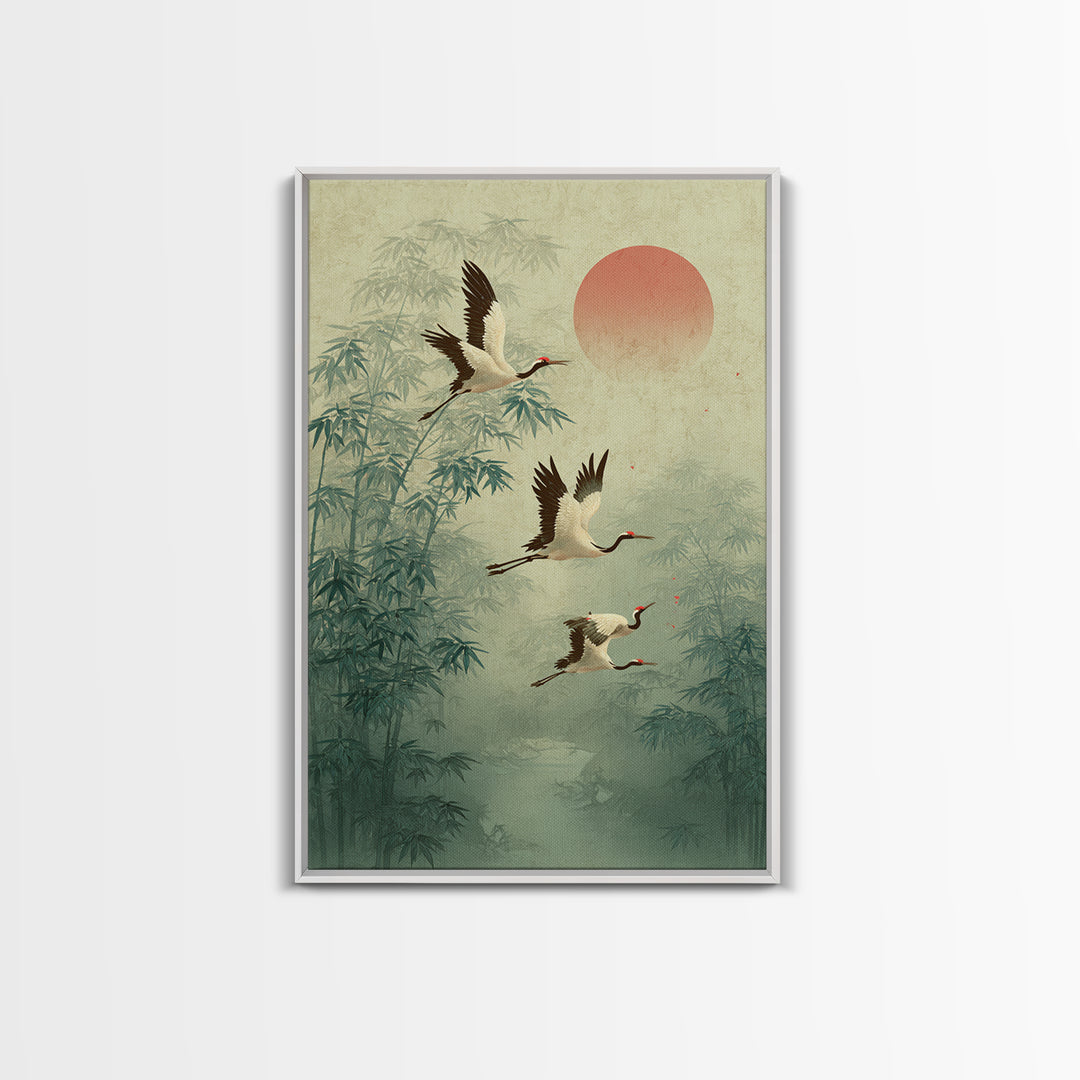 Ethereal Cranes Flying Through Pale Morning Mist Canvas Print, Above Bed Art, Printable Wall Art, Bedroom Decor, Serenity, ABA-2x3-41