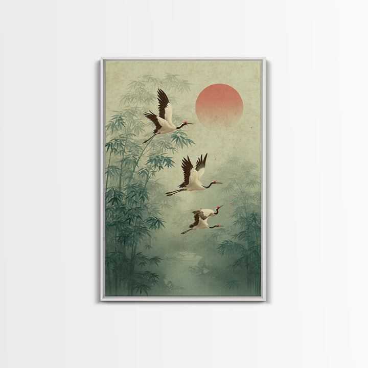 Ethereal Cranes Flying Through Pale Morning Mist Canvas Print, Above Bed Art, Printable Wall Art, Bedroom Decor, Serenity, ABA-2x3-41