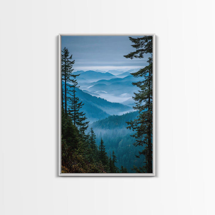 Quiet Forest Ridge Softened by Fog Framed Canvas Print, Above Bed Art, Textured Painting, Bedroom Decor, Fine Art, Serenity, ABA-2x3-46