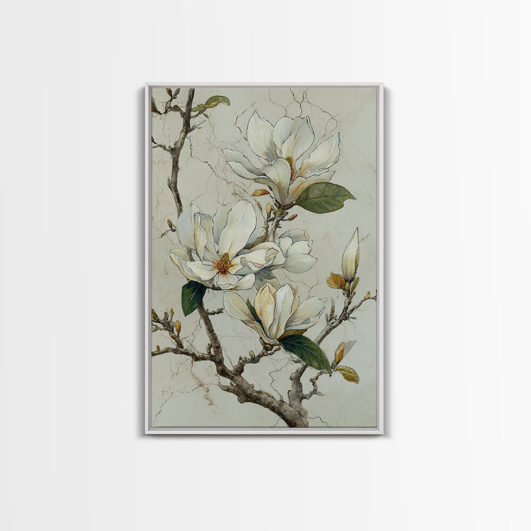 Delicate Magnolia Branch on Cream Background Framed Canvas Print, Above Bed Art, Statement Artwork, Bedroom Decor, Serenity, ABA-2x3-48