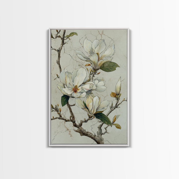 Delicate Magnolia Branch on Cream Background Framed Canvas Print, Above Bed Art, Statement Artwork, Bedroom Decor, Serenity, ABA-2x3-48