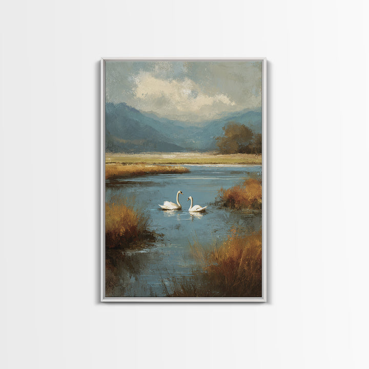 Paired Swans in a Dreamy Painterly Lake Canvas Print, Above Bed Art, Minimalist Decor, Bedroom Decor, Fine Art, Serenity, ABA-2x3-54