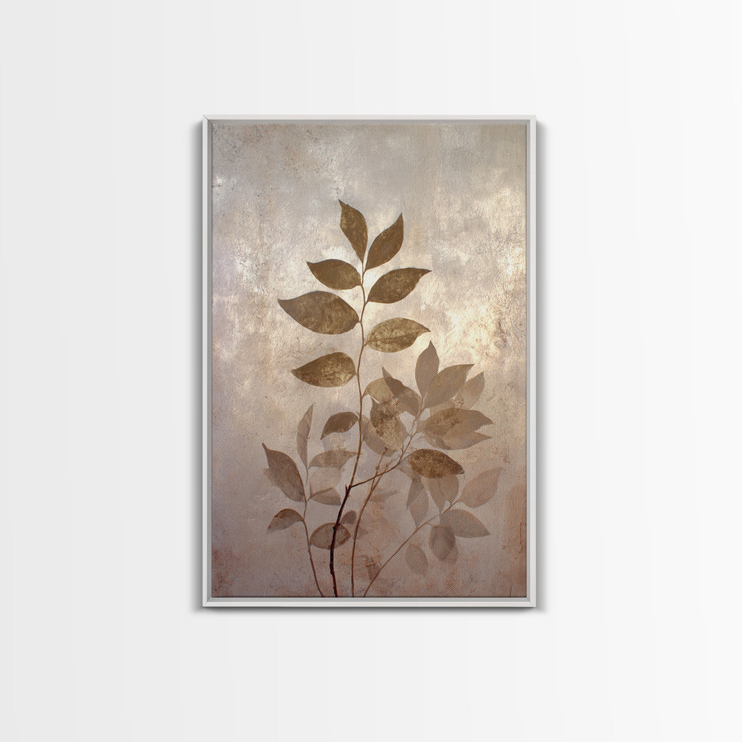 Tonal Botanical Shadows on Plaster Surface Framed Canvas Print, Above Bed Art, Bedroom Decor, Oil Painting, Serenity, ABA-2x3-55