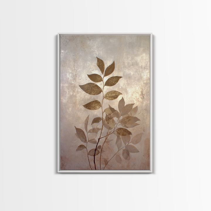 Tonal Botanical Shadows on Plaster Surface Framed Canvas Print, Above Bed Art, Bedroom Decor, Oil Painting, Serenity, ABA-2x3-55
