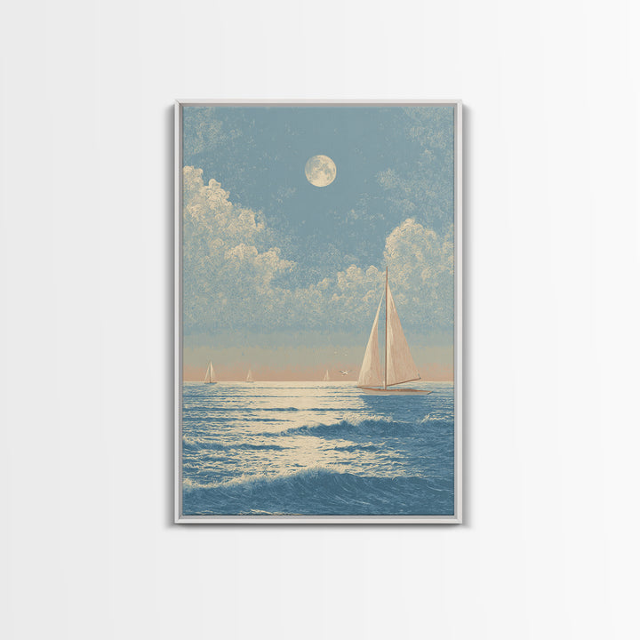 Quiet Moon over a Calm Ocean Horizon Framed Canvas Print, Above Bed Art, Digital Art, Bedroom Decor, Fine Art, Serenity, ABA-2x3-59