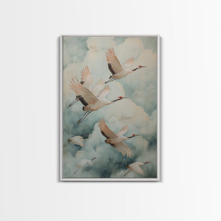 Ethereal Cranes Flying Through Pale Morning Mist Canvas Print, Above Bed Art, Canvas Wall Art, Bedroom Decor, Serenity, ABA-2x3-65