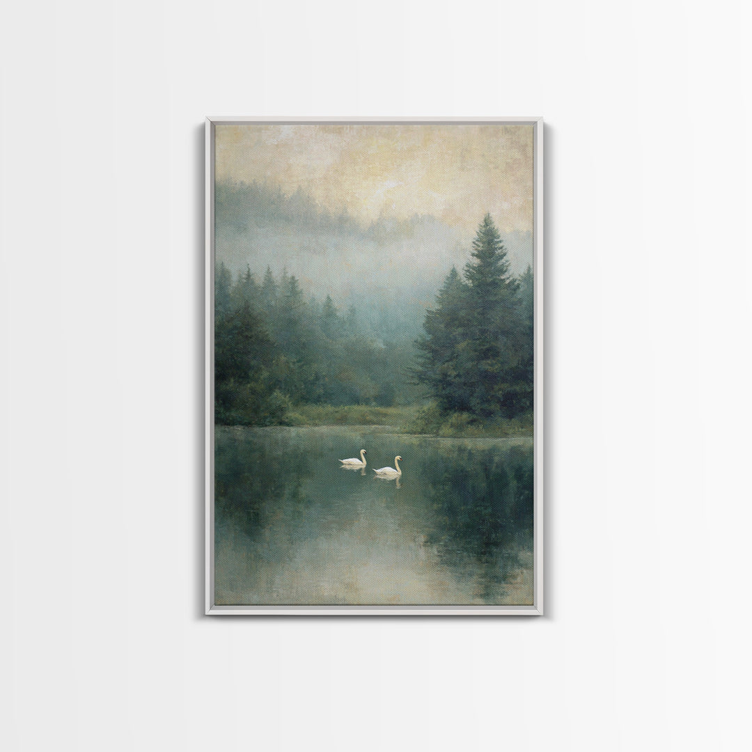 Paired Swans in a Dreamy Painterly Lake Framed Canvas Print, Above Bed Art, Printable Wall Art, Bedroom Decor, Serenity, ABA-2x3-78