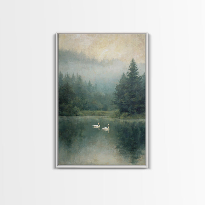Paired Swans in a Dreamy Painterly Lake Framed Canvas Print, Above Bed Art, Printable Wall Art, Bedroom Decor, Serenity, ABA-2x3-78