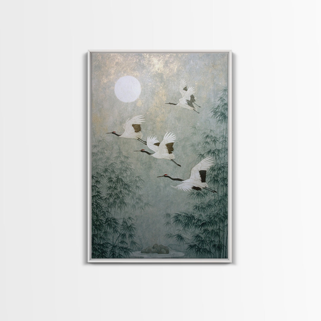 Ethereal Cranes Flying Through Pale Morning Mist Canvas Print, Above Bed Art, Living Room Decor, Bedroom Decor, Serenity, ABA-2x3-89