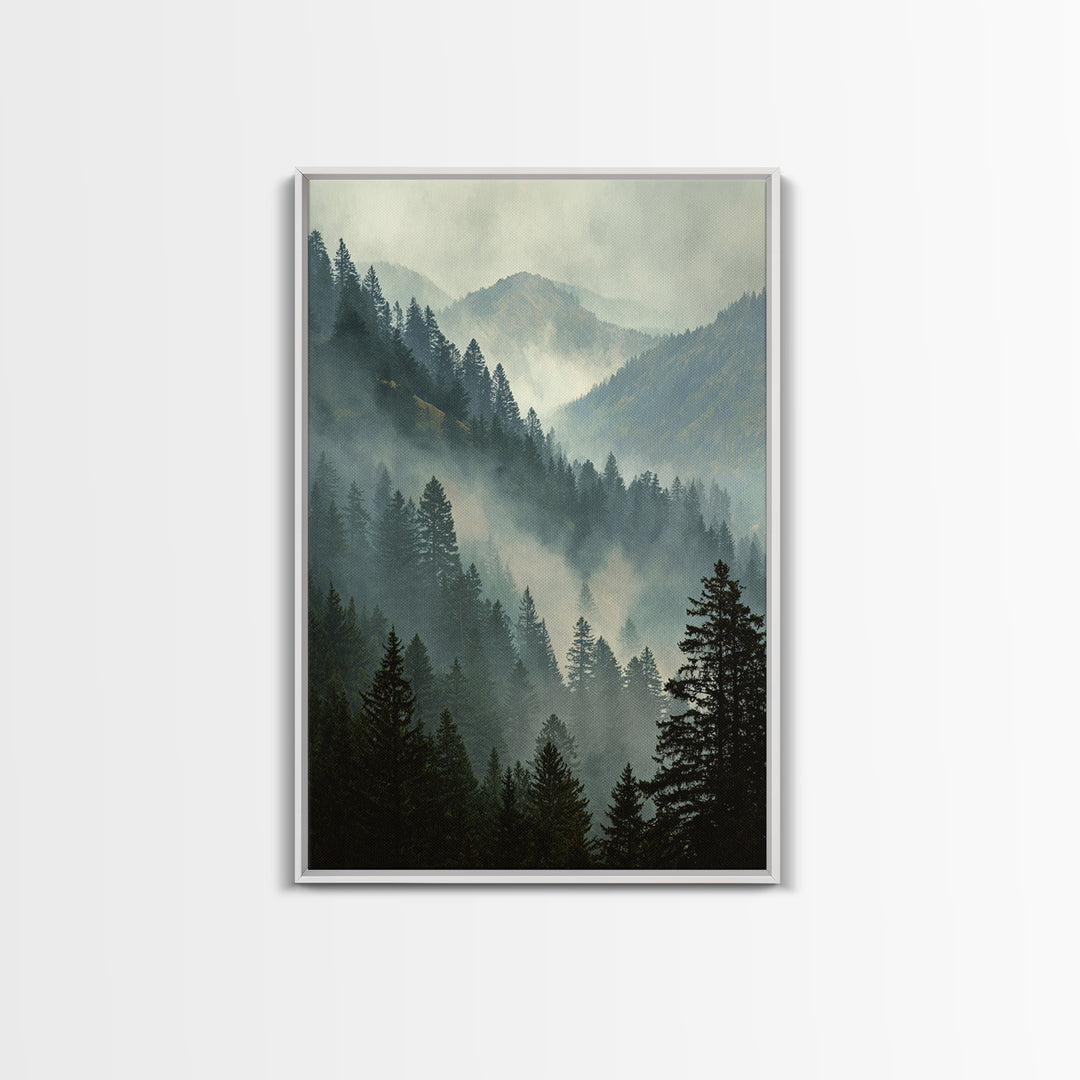 Quiet Forest Ridge Softened by Fog Framed Canvas Print, Above Bed Art, Large Wall Art, Bedroom Decor, Fine Art, Serenity, ABA-2x3-94