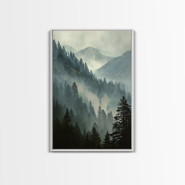 Quiet Forest Ridge Softened by Fog Framed Canvas Print, Above Bed Art, Large Wall Art, Bedroom Decor, Fine Art, Serenity, ABA-2x3-94