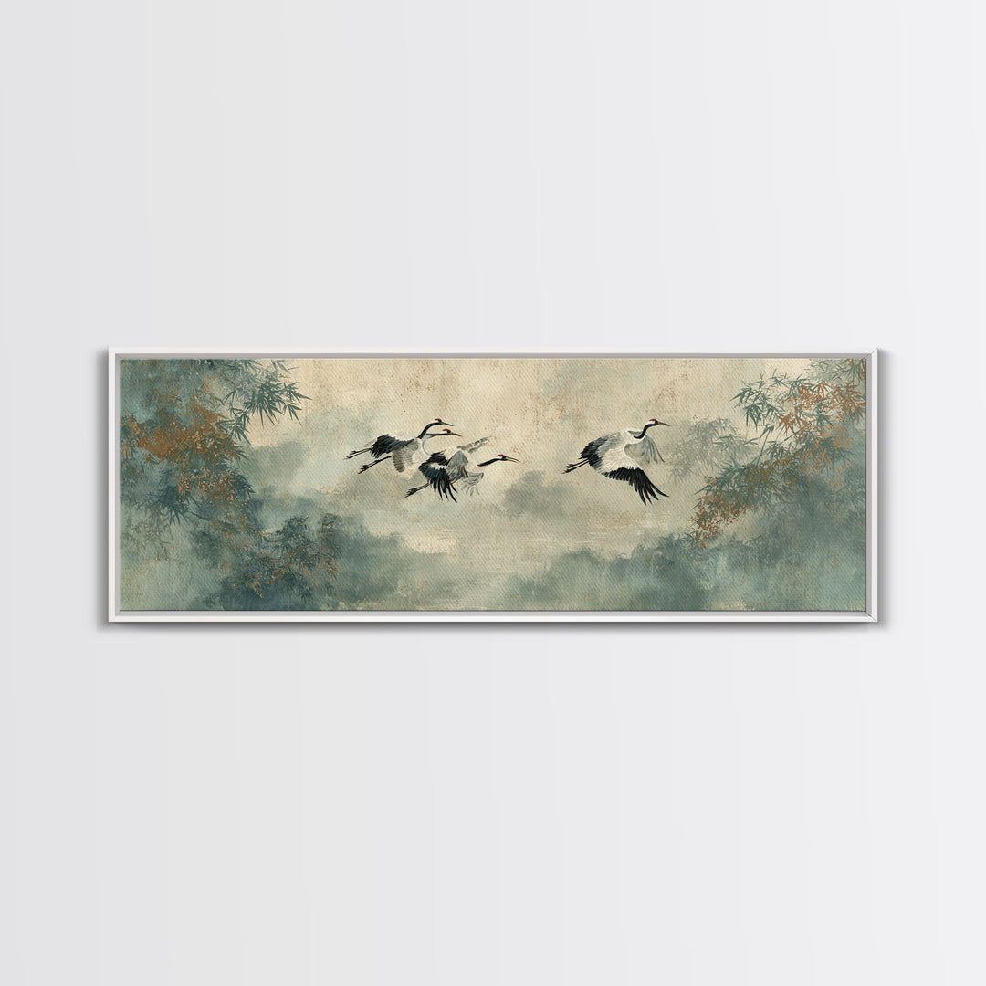 Ethereal Cranes Flying Through Pale Morning Mist Framed Canvas Print, Above Bed Art, Apartment Decor, Bedroom Decor, Serenity, ABA-3x1-1