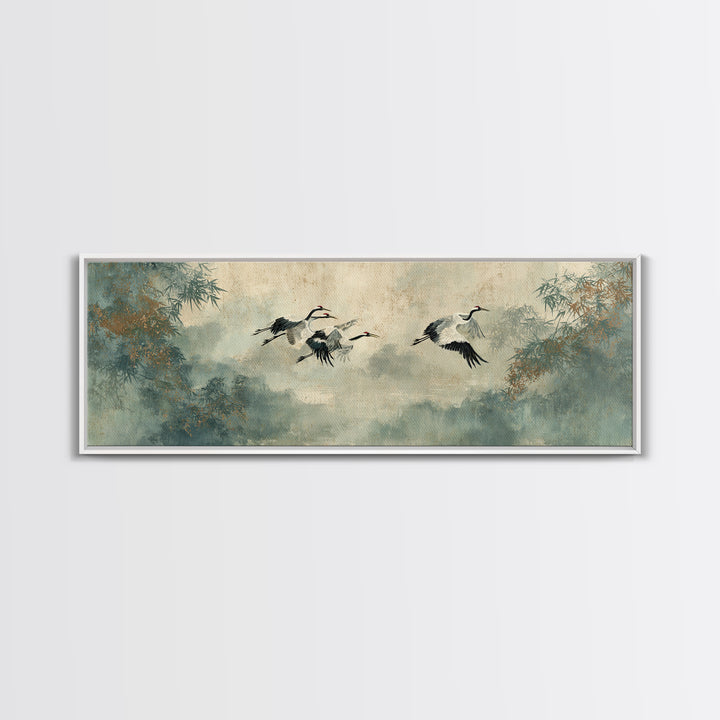 Ethereal Cranes Flying Through Pale Morning Mist Framed Canvas Print, Above Bed Art, Apartment Decor, Bedroom Decor, Serenity, ABA-3x1-1