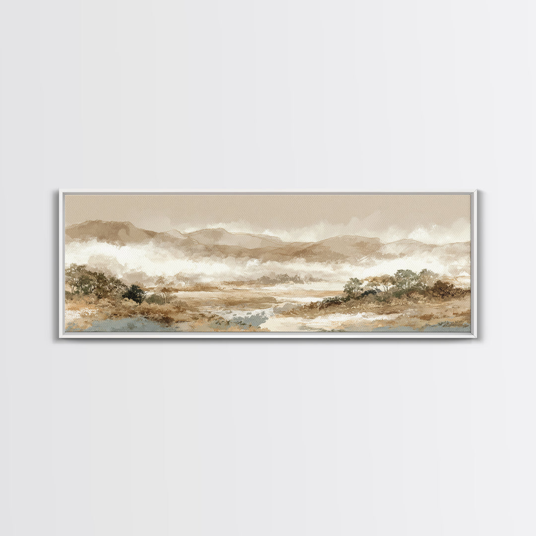 Panoramic Misty Mountain Landscape Framed Canvas Print, Above Bed Art, Boho Wall Art, Bedroom Decor, Fine Art, Serenity, ABA-3x1-17