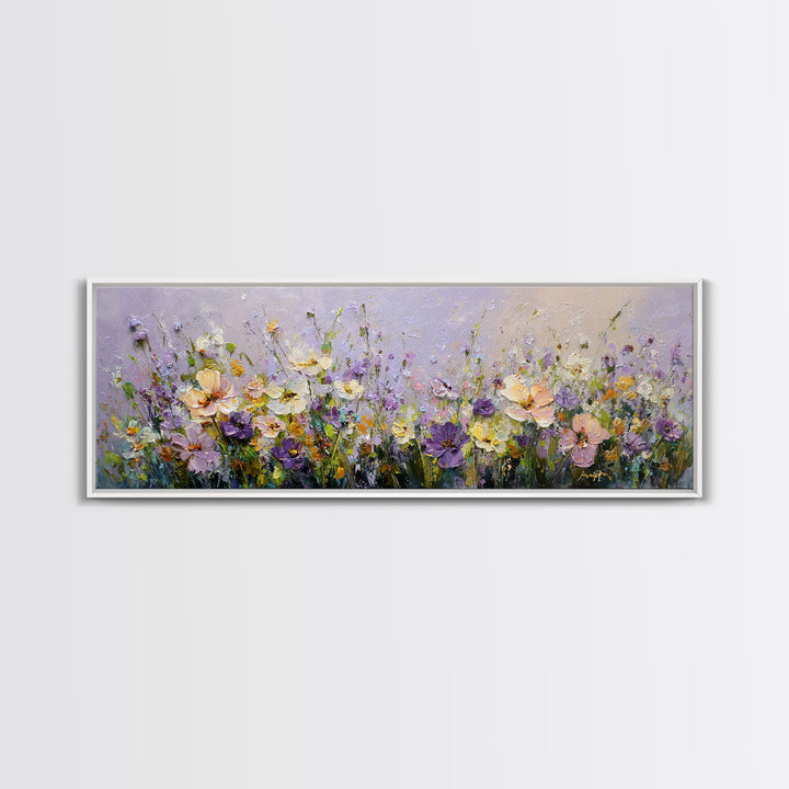 Wide Meadow of Muted Wildflowers at Dusk Framed Canvas Print, Above Bed Art, Bedroom Decor, Watercolor Art, Serenity, ABA-3x1-2