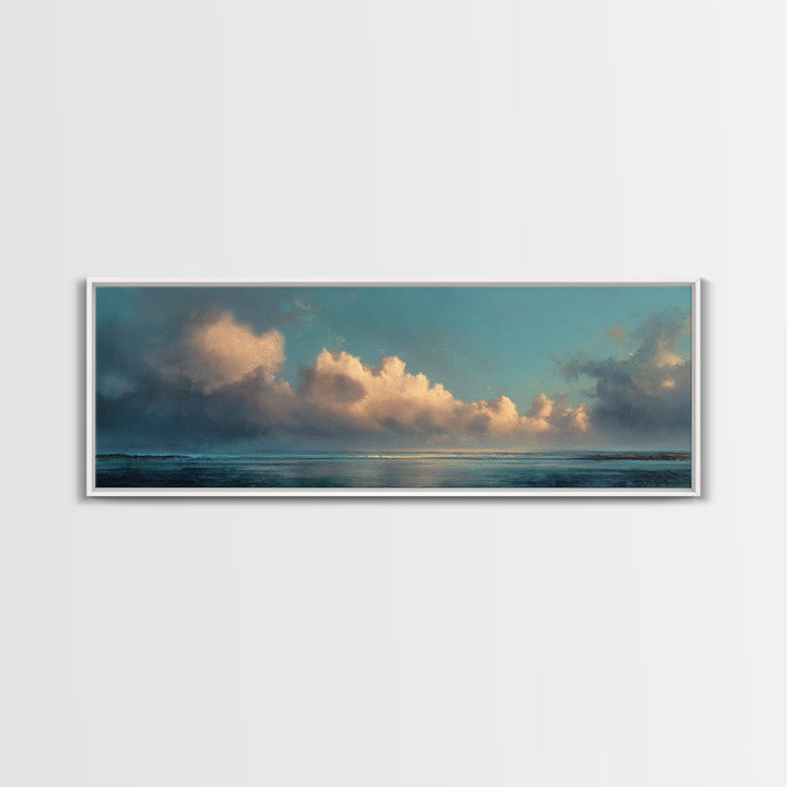Tranquil Cloudscape with Blush Undertones Canvas Print, Above Bed Art, Horizontal Wall Art, Bedroom Decor, Fine Art, Serenity, ABA-3x1-21