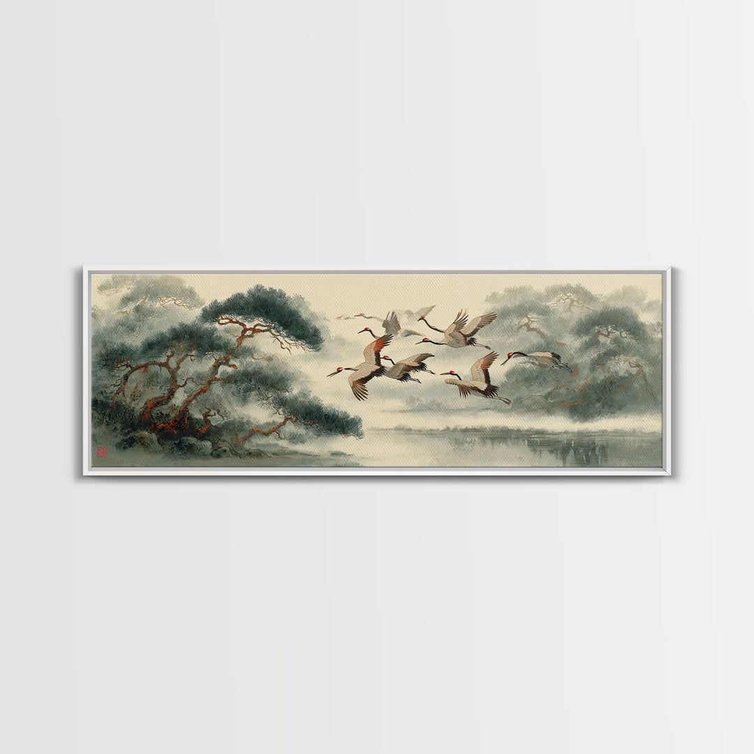 Ethereal Cranes Flying Through Pale Morning Mist Canvas Print, Above Bed Art, Dopamine Decor, Bedroom Decor, Abstract Art, ABA-3x1-25