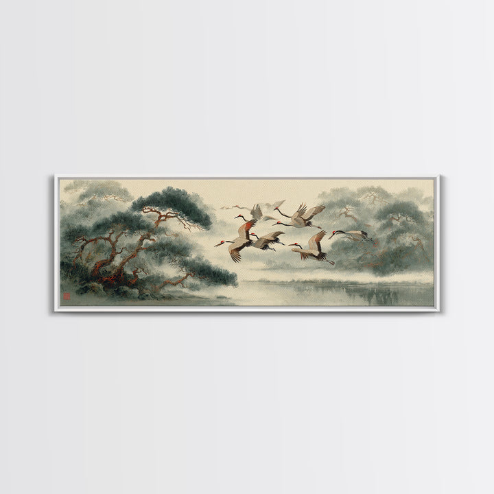Ethereal Cranes Flying Through Pale Morning Mist Canvas Print, Above Bed Art, Dopamine Decor, Bedroom Decor, Abstract Art, ABA-3x1-25