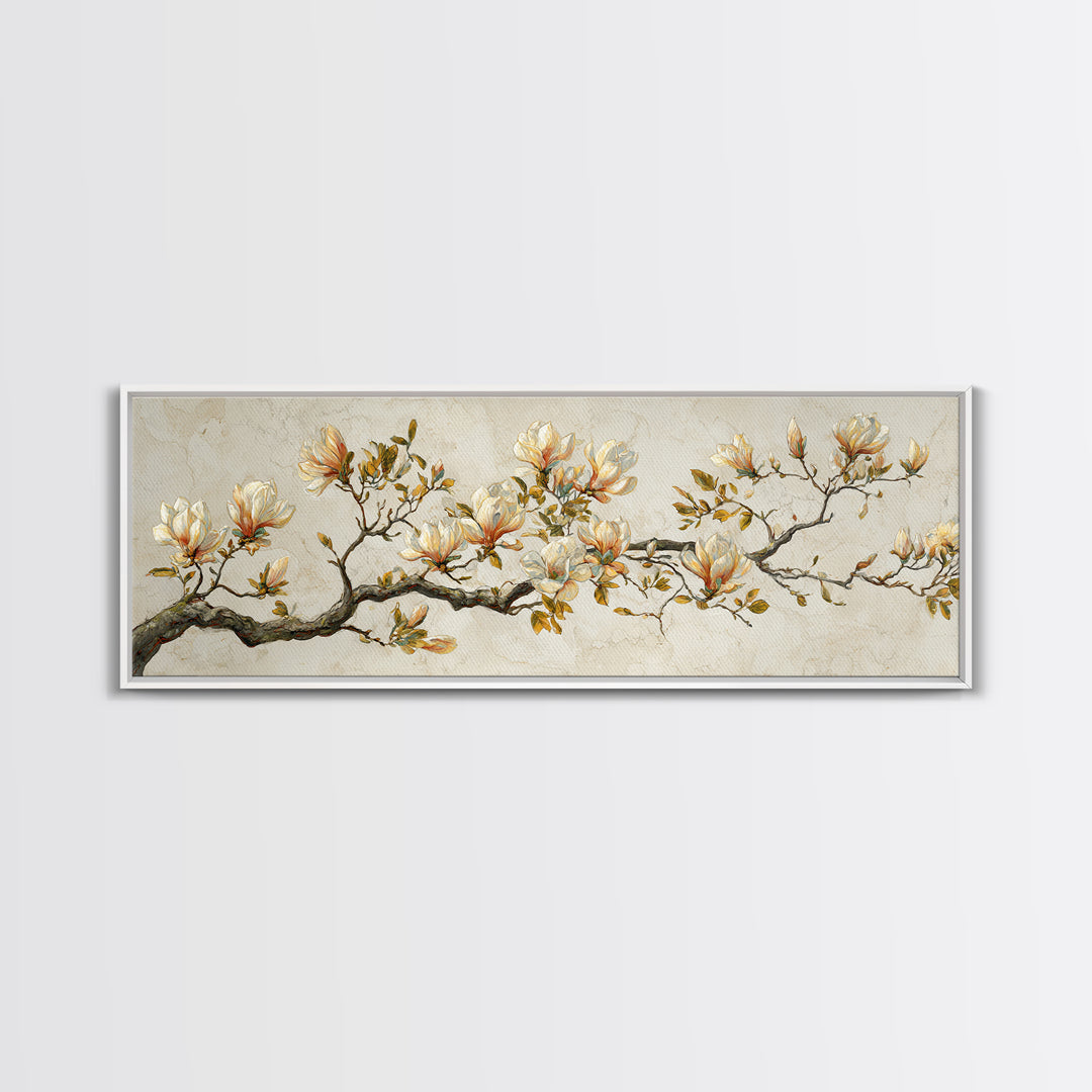 Delicate Magnolia Branch on Cream Background Framed Canvas Print, Above Bed Art, Bedroom Wall Decor, Bedroom Decor, Serenity, ABA-3x1-32